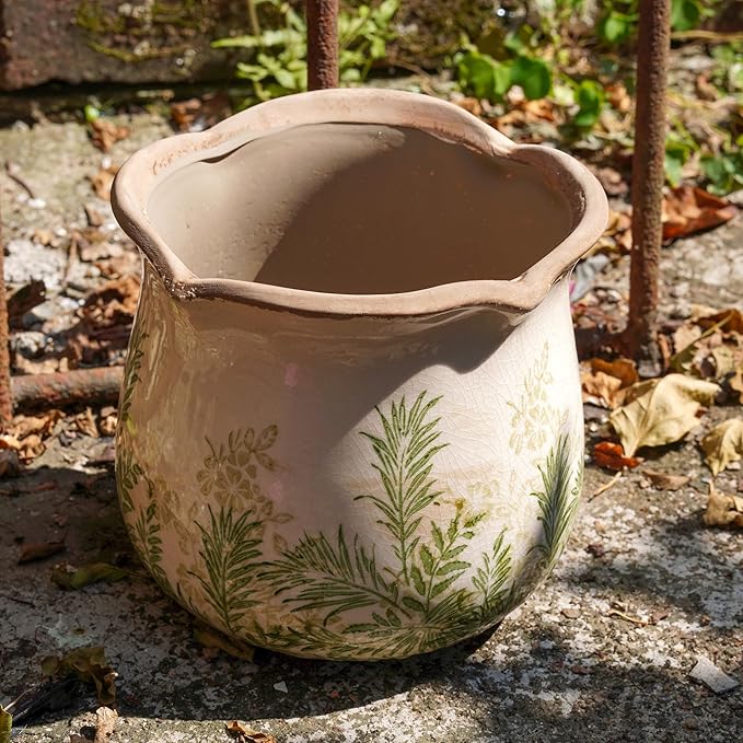 Rustic Ceramic Planter, 6 Inch Tuscan Vintage Flower Pot with Drainage, Farmhouse Garden Pot for Indoor Plants, Kitchen & Garden Tuscan Decor, Plant Lover Gift (Grass Green)