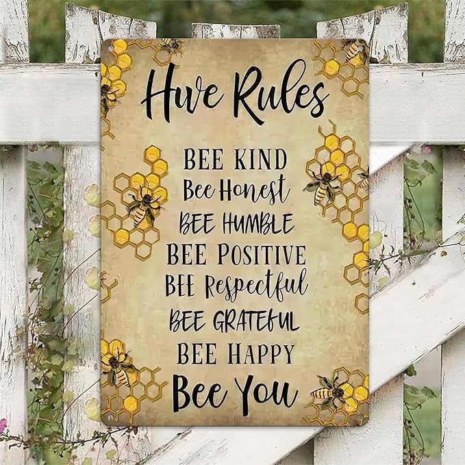 Vintage Hive Rules Metal Tin Sign "BEE KIND BEE HUMBLE Bee POSITIVE BEE Bee Respectful BEE GRATEFUL BEE HAPPY Bee You" Retro Wall Decor for Home Cabin Yard Backyard Decorations (8x12 Inch)