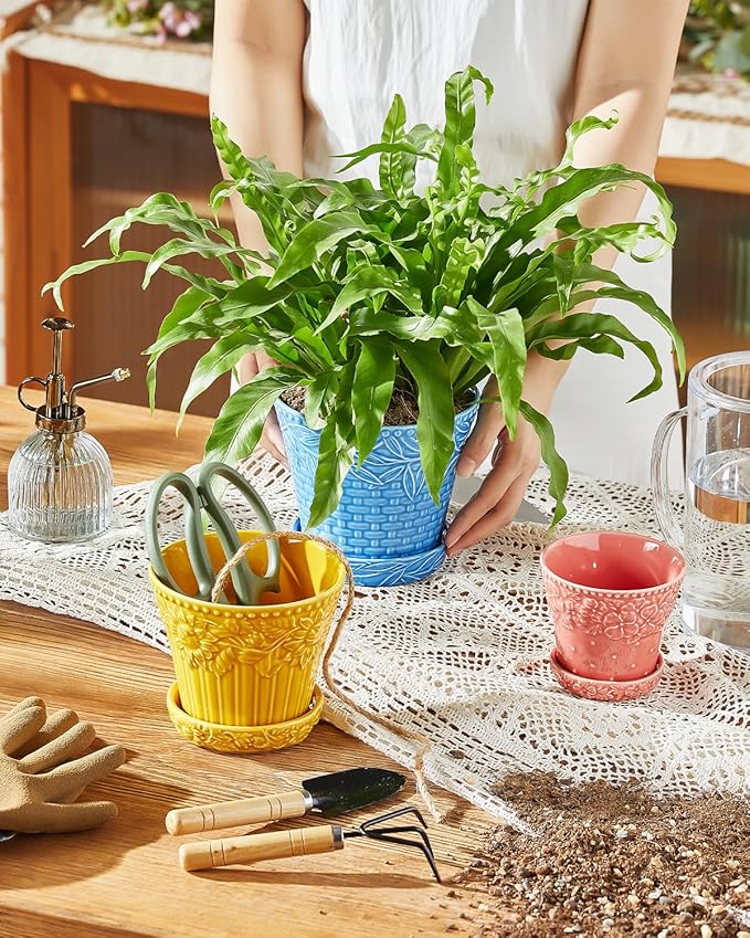 Ceramic Plant Pots, 3.8+4.9+5.8 Inch, Set of 3 Flower Pots with Drainage Hole & Saucer, Embossed Planter Pots for House Plants, Home Decor, Set of 4, Assorted Colors