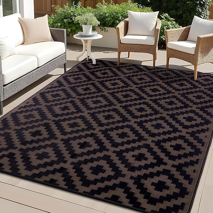 OLANLY Waterproof Outdoor Rug 6x9 ft, Outdoor Plastic Straw Rug for Camping, RV Mat Outside, Outdoor Carpet for Porch, Deck, Backyard, Balcony, Picnic, Black & Brown
