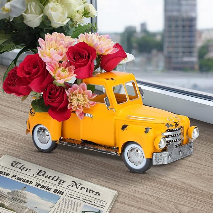 Farmhouse Yellow Truck Metal Decor,Vintage Outdoor Iron Truck Decor, Rustic Pick-up Planter,Antique Car Decoration,Desktop Wine Rack Stand,Decorative Tabletop Storage