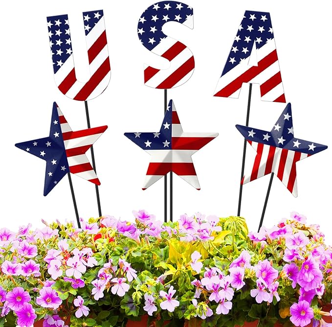 Pickmesh 6 Pcs 12" H Patriotic Metal Yard Sign Patriotic Garden Stake 250th Anniversary Star USA Flag American Yard Sign for Memorial Day Outdoor Decor 4th of July Independence Day Decoration