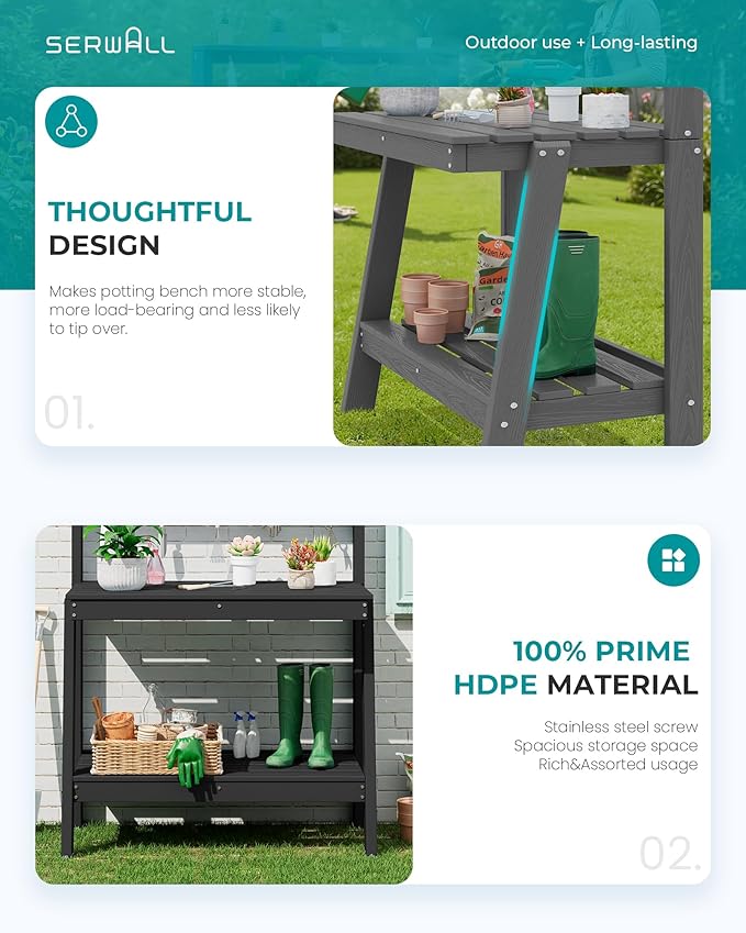 SERWALL Potting Bench Outdoor with Storage, 3-Tier HDPE Gardening Table with Angled Legs & Tool Hooks, All-Weather Heavy Duty Potting Table for Patio, Backyard, Garden, Black