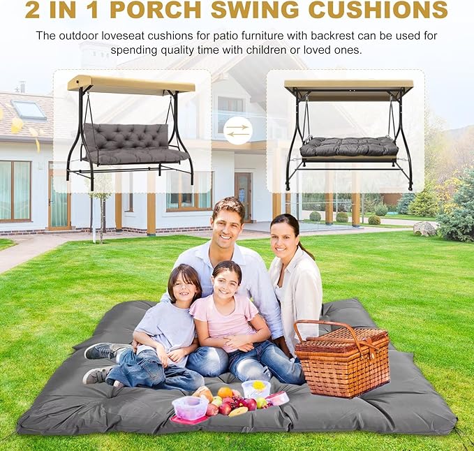 60" Porch Swing Cushion with Backrest, Waterproof Outdoor Bench Swing Cushions 3 Seater Replacement Thickened Swing Cushions with Ties for Patio Garden Backyard,Dark Green,60x40in