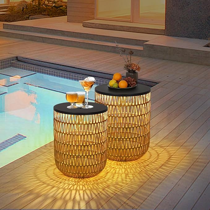 HMVPL Solar Outdoor Side Table Set of 2 with Dimmable Light, Round Patio Side Table for Outside, Outdoor End Accent Tables, Plastic Rattan Patio End Table for Poolside Backyard Gazebo, Dusk to Dawn