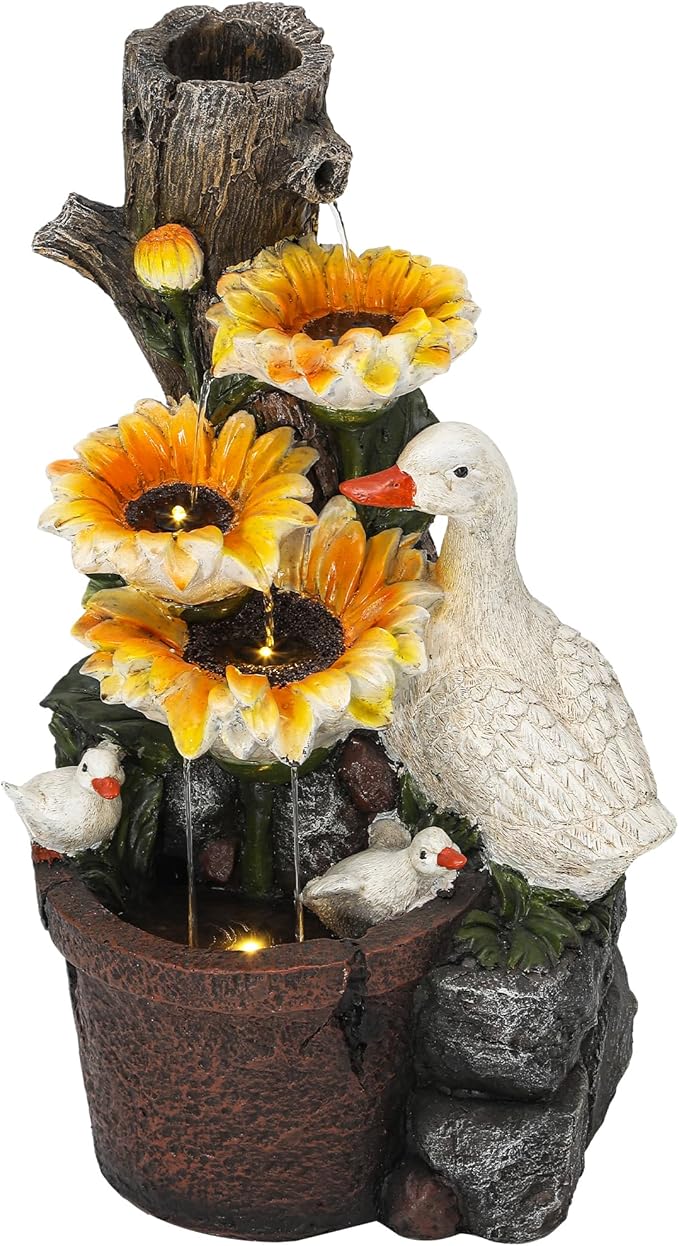 19" Water Fountain Indoor Outdoor, 4-Tier Sunflower & Duck Design with LED Lights and Cascading Waterfalls, Rustic Decor for Garden, Yard, Patio, Flowerbed & Farmhouse