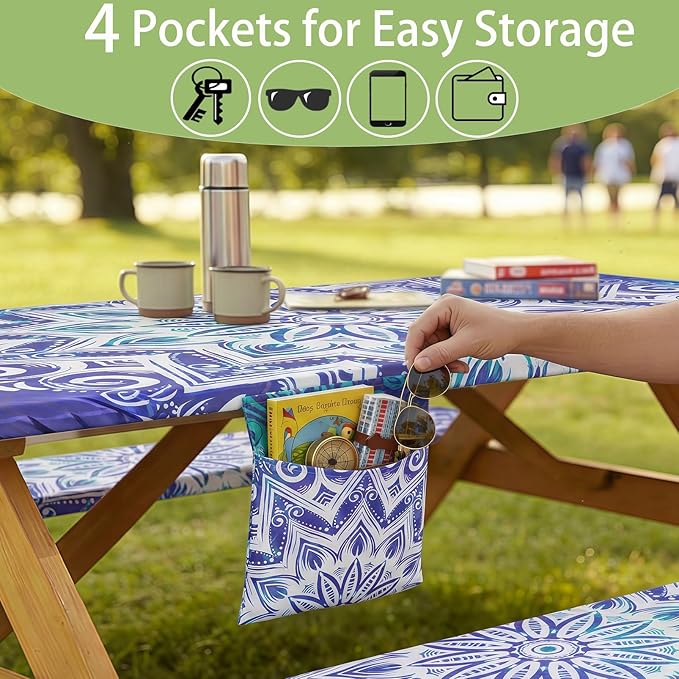 Fitted Waterproof Picnic Table Cover with Bench Covers Elastic Stain Resistant Camping Table clothes for 6Feet Rectangle Tables Outside Parties Necessities Gift Travel Trailers Trips Rv Things