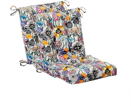Patio Cushion, Rocking Chair Cushion, Tufted Pads, Set of Upper and Lower with Ties Pack of 2 (2 Sets) - Back 19"×16.5", Seat 16.5"×16.5" (Black Purple Flowers)