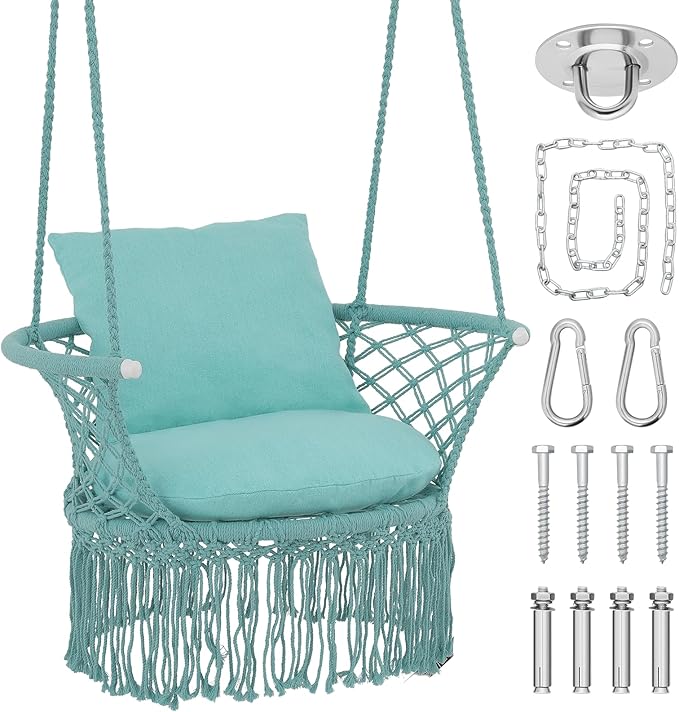 Athena Collection Hammock Swing Chair with Cushion, Outdoor Macrame Chair with Mounting Hardware, Max 350 Lbs, Large Cotton Rope Hanging Chair for Outdoor Indoor Porch Garden, Green