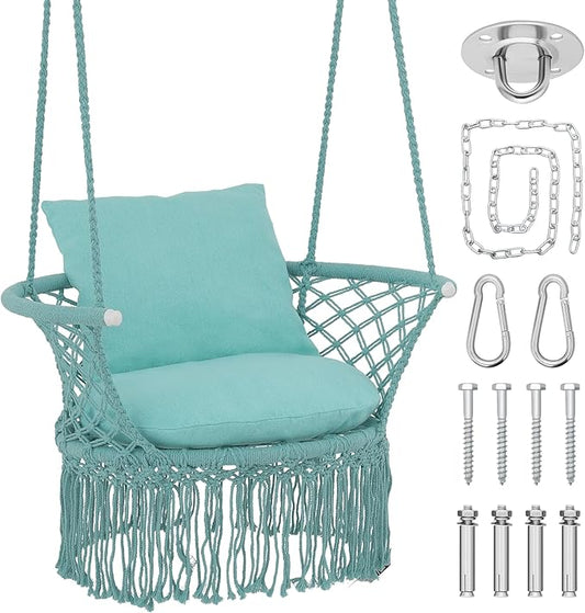 Athena Collection Hammock Swing Chair with Cushion, Outdoor Macrame Chair with Mounting Hardware, Max 350 Lbs, Large Cotton Rope Hanging Chair for Outdoor Indoor Porch Garden, Green