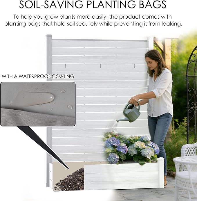 Kozyard Privacy Screen with Planter, 70" H x 51" W Outdoor Garden Screen, Waterproof Aluminum Frame with Thick Wood-Plastic Boards, Decorative Privacy Screen for Patio, Balcony & Backyard White