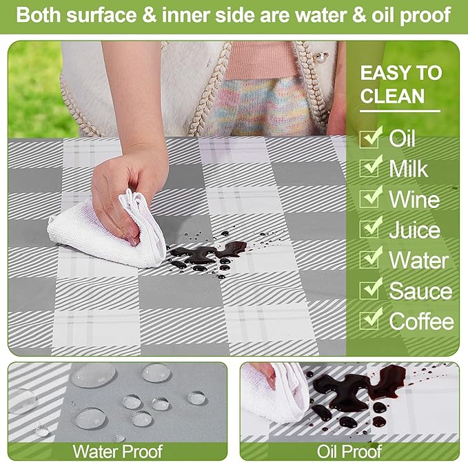 Picnic Table Cover with Bench Covers Camping Essentials Waterproof Windproof Camping Tablecloth with Drawstring Bag, Fitted Rectangle Tables and Seats, 96in, Grey Checkered