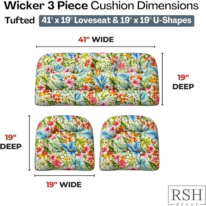 RSH DECOR: 3-Piece Tufted Wicker Cushion Set -41”x19 & 19"x19" Outdoor Wicker Loveseat Cushions & U-Shape Chair Cushions for Patio Furniture - All-Weather Spun Fabric (Carena Multi) - Made in USA