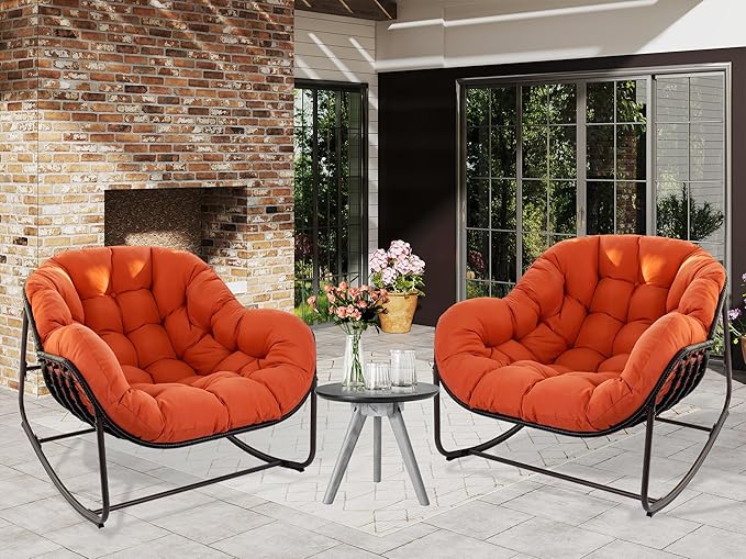 Papasan Rocking Chair, Oversized Papasan Chair with Cushion and Frame for Indoor& Outdoor, Deep Seat Egg-Shaped Rocker Chair for Garden, Deck, Living Room, Red