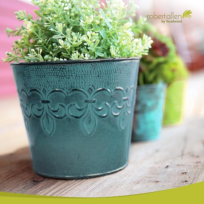 Headwind Ironlite Fleur De Lis Collection – 8" Surf Blue Decorative Planter with Drain Plug – Lightweight Metal Garden Pots for Indoor & Outdoor Planters Use by Robert Allen