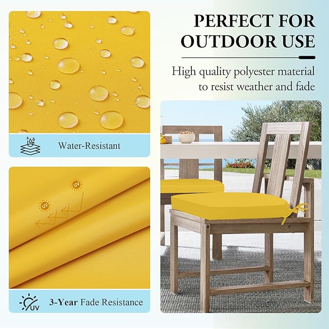 Wellsin Outdoor Chair Cushions for Patio Furniture, 3-Year Color Fastness Patio Chair Cushions Set of 2, Water Resistant Round Corner Outdoor Seat Cushions 17"X16"X2", Yellow