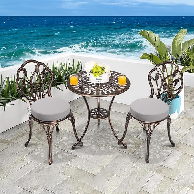 idee-home Outdoor Bistro Chair Cushions, 15”x15”x 3” Thick Outdoor Round Seat Cushions Set of 2 with Ties, Waterproof Round Patio Furniture for Garden