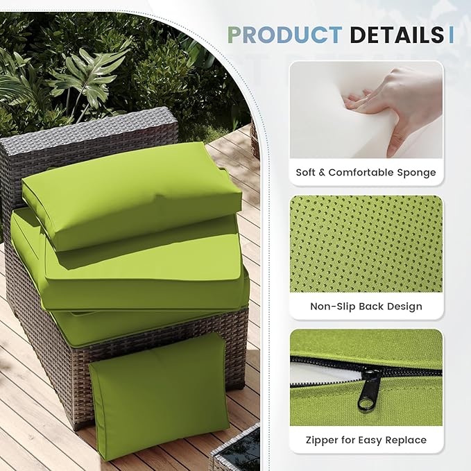 UDPATIO Outdoor Replacement Cushions for Patio Furniture, Water-Resistant Patio Cushion, 14-Piece Outdoor Couch Cushions for 6-Seat Sectional Conversation Sets (Green)