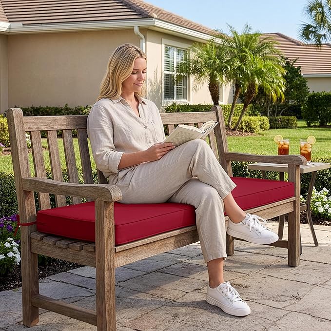 Outdoor Bench Cushion: Waterproof and Fade Resistant Patio Furniture Cushions - Non-Slip Bench Pad Cushion with Removable Cover for Garden Swing Porch Sofa Settee, 48 x 18 x 3 Inch, Burgundy