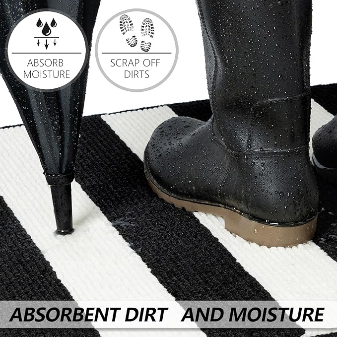 Timo Black and White Outdoor Rug,24"x36" Front Porch Rug Absorbent Rubber Backed Non Slip Striped Rug Machine Washable Indoor/Outdoor Area Rug Front Door Floor Mat for Farmhouse/Living Room/Entryway