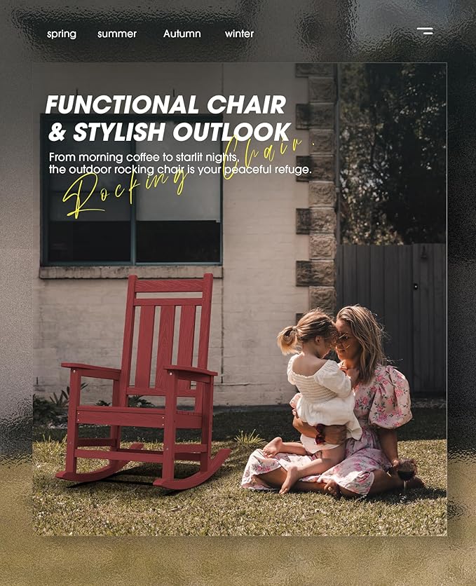 KINGYES Outdoor Rocking Chair, All-Weather Patio Rocking Chairs for Porch, HDPE Rocking Outdoor Chairs with High Back for Adult, Heavy Duty Outdoor Patio Rockers for Garden, Lawn, Red