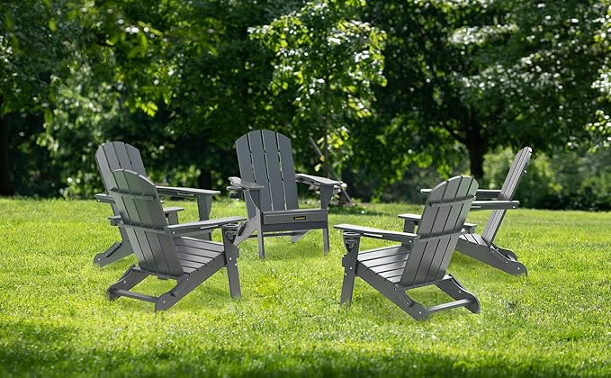 Folding Adirondack Chair Set of 2, Wooden Textured Plastic Adirondack Chairs with 2 Cup Holder, Weather Resistant HDPE Fire Pit Chair, Outdoor Patio Chairs for Garden, Backyard, Lawn, Deck, Grey