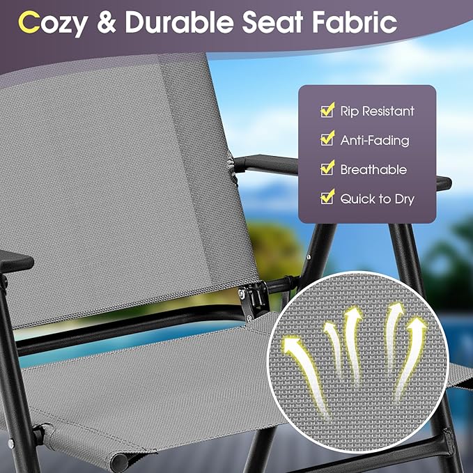 Giantex Patio Chairs Set of 2, Outdoor Folding Chairs with Armrests, Metal Frame, Outside Foldable Dining Chairs for Lawn Deck Porch Beach Yard (Gray & Black)