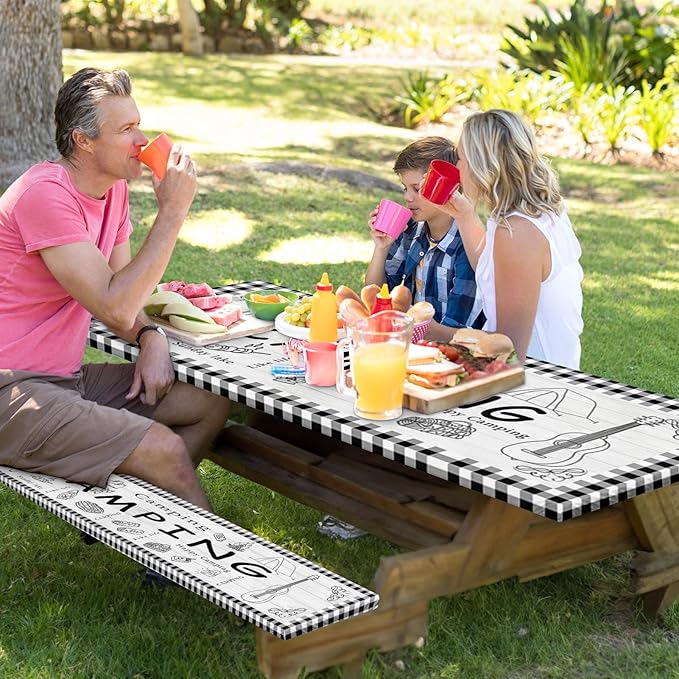 Picnic Table Cover with Bench Covers Elastic Edges, Farm Plaid Fitted Table Cover, Outdoor Patio Camping Essentials 60 Inch 3PCS, Waterproof Camping Fitted Tablecloth with Drawstring Bag