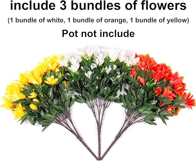 INSPRING Artificial Flowers for Outdoors, 3 Bundles Fake Silk Azalea Flower Faux Plants Outside Decoration UV Resistant Realistic Spring Outdoor Flowers for Planter Porch Patio Garden Walkways Home