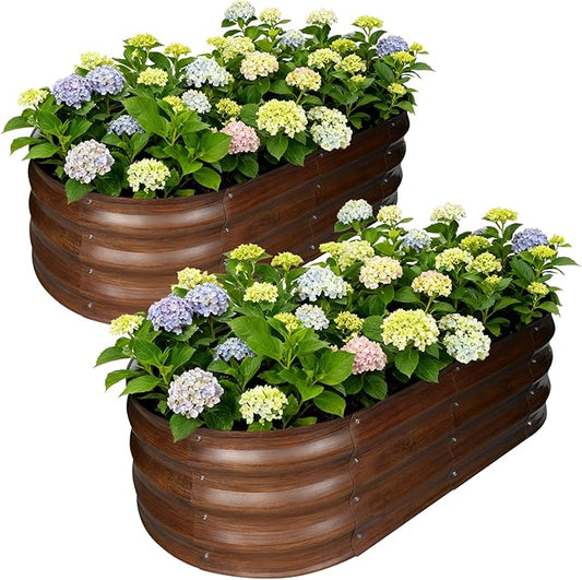 Galvanized Raised Garden Bed Outdoor, Large Raised Bed for Gardening, 2Pcs 4x2x1ft Oval Metal Planter Box for Vegetables, Fruits, Flowers, Dark Brown Wood Grain