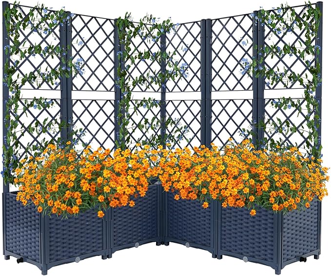 5PCS Raised Garden Bed with Treliis, Freestanding Garden Planter, Detachable Outdoor Planter Box, Vertical Garden Beds with Water Storage Mechanism for Climbing Growing, Backyard (Blue)