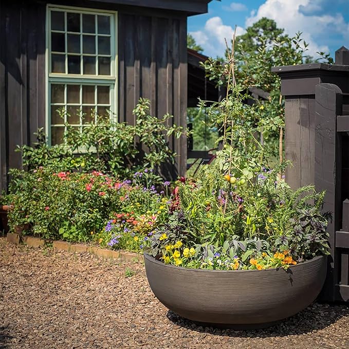 Crescent Garden Extra Large Outdoor Planter Bowl with Drain Hole for Water Gardens, Fountains, Decorative Landscaping - 40" W x 15" H (Old Bronze)