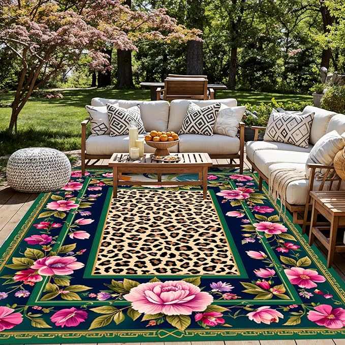 Vintage Floral Leopard Indoor Outdoor Rug 8x10 Gold Pink Green Non-Shedding Border Soft Living Room Bedroom Accent Rugs Waterproof Washable Outside Carpet for Patio Balcony Porch Deck Garden