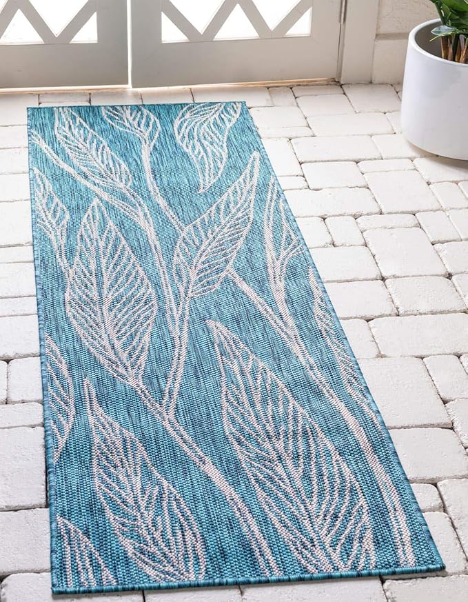 Unique Loom Outdoor Botanical Collection Area Rug - Leaf (2' x 6' 1" Runner, Teal/ Ivory)
