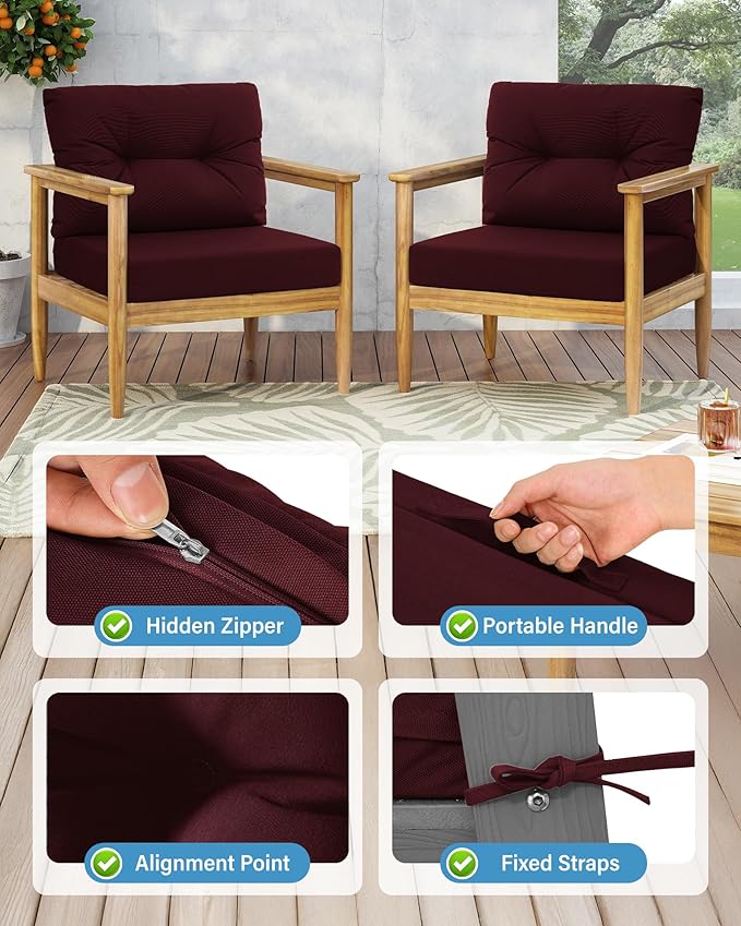 YEFU Olefin Outdoor Chair Cushions: Fade Resistant Outdoor Seat Cushion 24 x 24 - All Weather Patio Furniture Cushion with Ties - Deep Seat Patio Cushions for Chair Sofa Couch(Wine Red)