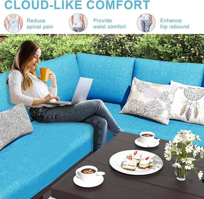 Patio Sectional Cushions, 14-Piece Replacement Cushions for Outdoor Furniture, Water-Resistant Outdoor Sofa Cushion for 6-Seat Rattan Wicker Sectional Conversation Sets (Sky Blue)