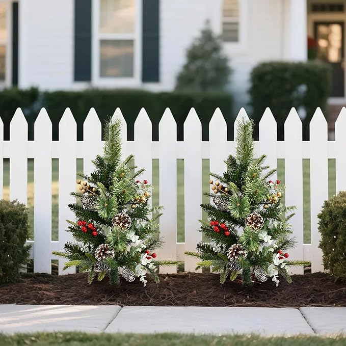 Pre-Lit Pathway Christmas Tree(2 Pack), Artificial Christmas Urn Filler with LED Lights, Golden & Red Berries, Pine Cones, Outdoor Light Up Planter Filler Holiday Home Decor