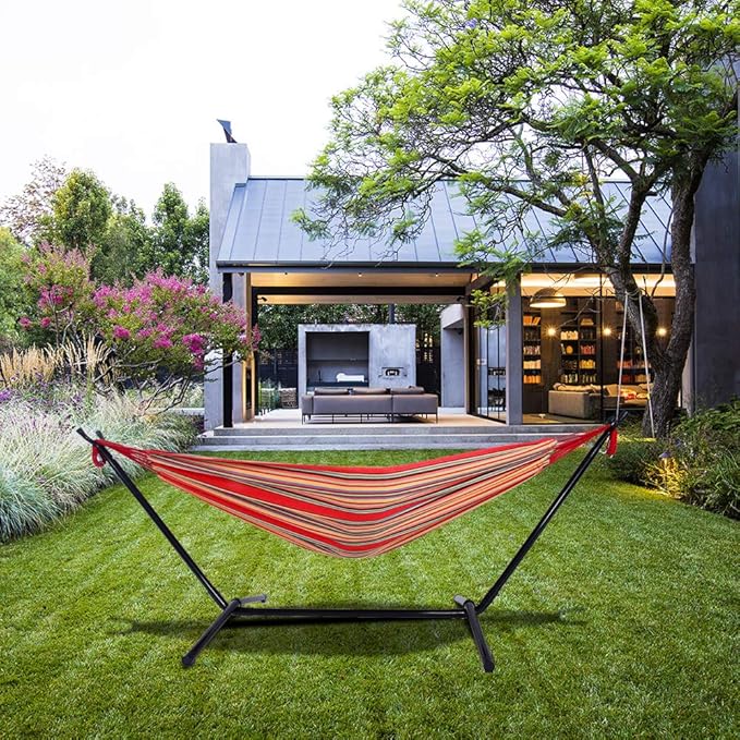 Portable Outdoor Polyester Hammock Set,Single Person Brazilian Hammock,Garden Cotton Hammocks,Indoor Swing Hammock Chair,with Stand & Carry Bag,for Outside Patio Porch Poolside Backyard (Red)