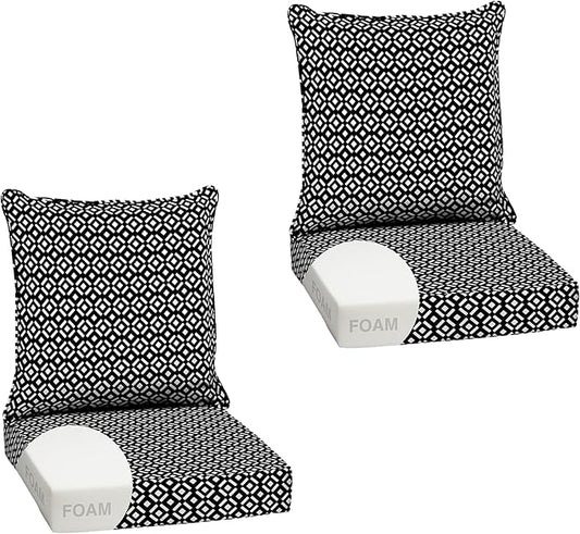 Arden Outdoor Foam Deep Seat Cushion Set (2-Pack), 24x24, Premium High-Density Foam, Never Flattens, Weather-Proof for Patio Chair Sofa Couch, Black Demi Tile