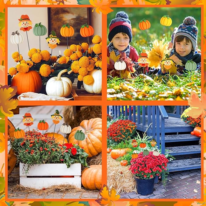 6 Pcs 12'' Thanksgiving Garden Stakes Pumpkin Scarecrow Maple Leaves Fall Metal Yard Sign Yard Stakes Outdoor Thanksgiving Decorations for Planter Lawn Patio Walkway Porch(Cute Style)