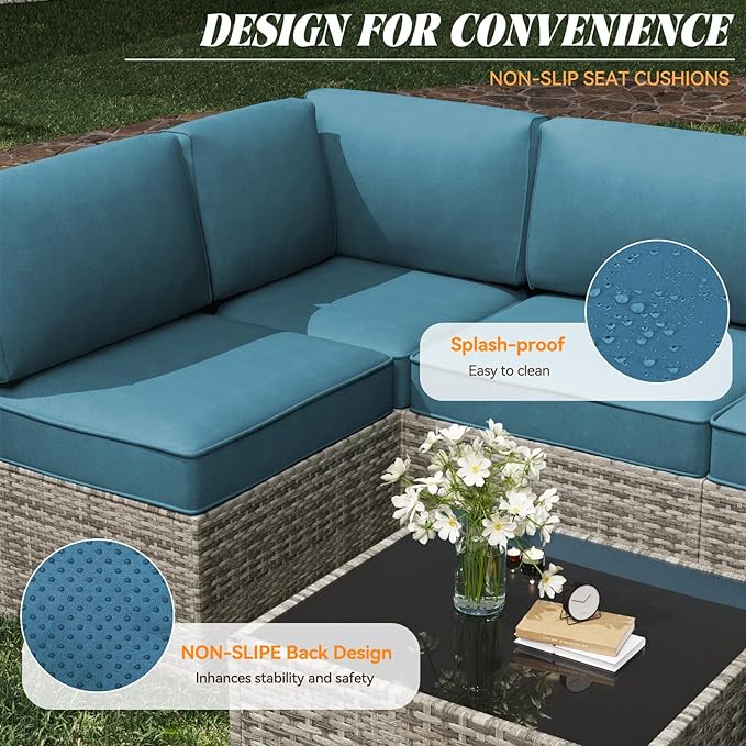 Patio Cushions for Outdoor Furniture,Water-Resistant Outdoor Cushions for 6 Seat Outdoor Sectinal,25.3"×25.3" Deep Seat Sofa Cushions, 14-Piece Outdoor Couch Cushions,Peacock Blue