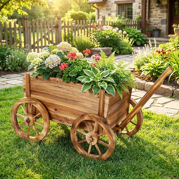 Giantex Wood Wagon Planter, Rustic Rolling Flower Pot Stand with Wheels, Handle & Drainage Hole for Growing Vegetables Herbs, Indoor Outdoor Decorative Cart for Patio Balcony Garden