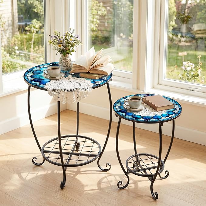 2 Pcs Outdoor Side Table Small Patio Round Mosaic Accent Indoor End Table Plant Metal Coffee Tea Tables for Patio Yard Porch Garden Living Room(12" and 16",Mandala Style)