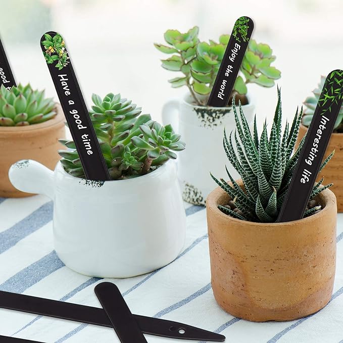 Whaline 200Pcs Thick Plastic Plant Label Garden Labels Black Waterproof Garden Stake Sign Tags Garden Markers for Outdoor Seedlings Potted Flowers with 2 Marker Pen and A Roll of Twine (15 cm)