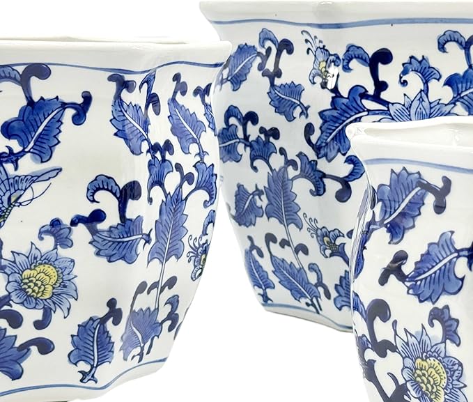 Galt International Blue & White w/Yellow Accent Round Fluted Floral Porcelain Ceramic Plant Flower Planter Pot Set of 3 (7.5", 10", 13") Garden Pots Chinese Asian Design