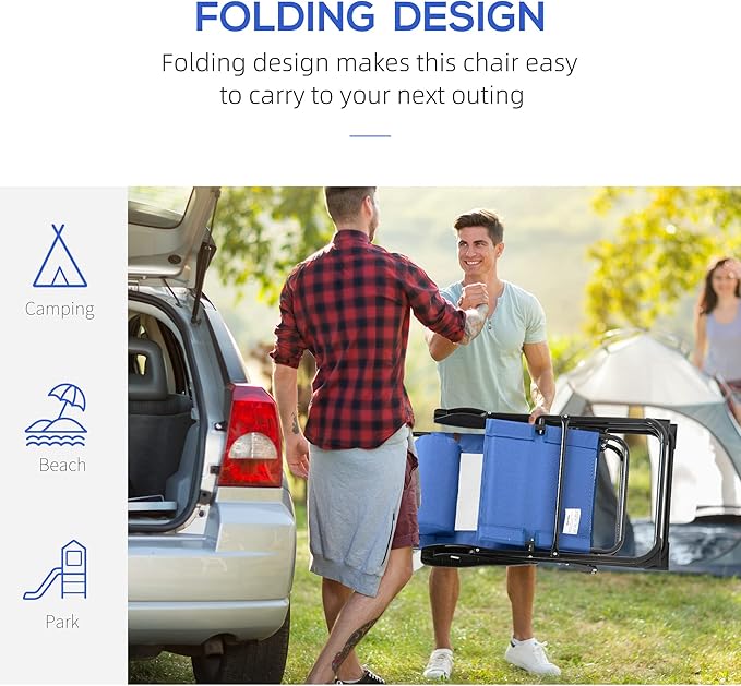 Outsunny Folding Patio Dining Chairs Set of 2, Outdoor Deck Chair with Removable Headrest, Camping Chair with Adjustable Sling Back for Garden, Backyard, Lawn, Blue