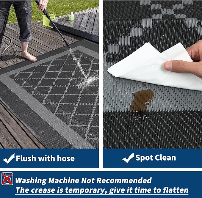 COZYLOOM Outdoor Rug for Patio 9x18 Waterproof Reversible Plastic Straw Mat, Large Black&Grey Modern Area Rug for Deck, Balcony, Camping, Beach, Picnic, Indoor/Outdoor Use
