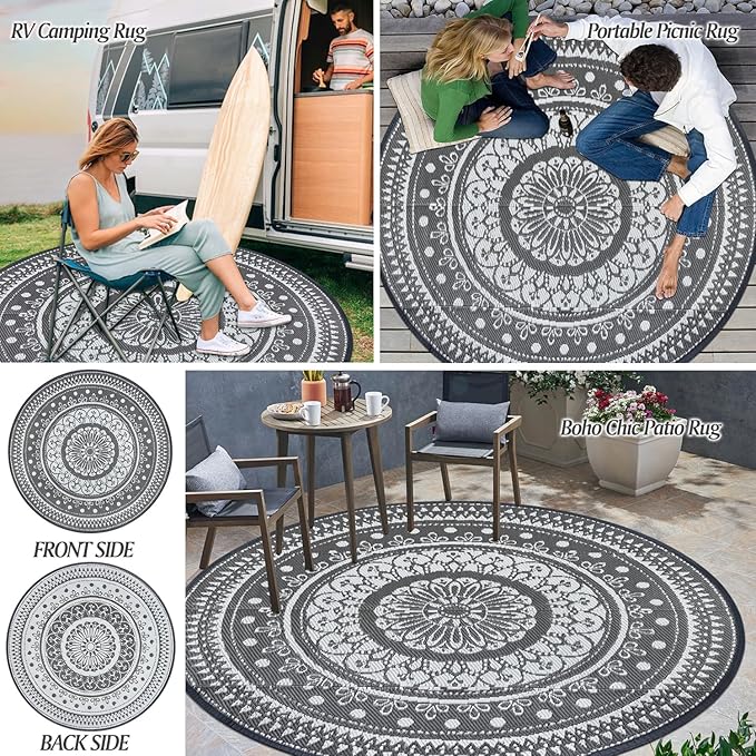 Cekene Round Outdoor Rugs for Patio 6Ft Waterproof Reversible Outdoor Patio Rugs Black Lightweight Plastic Straw Rugs Portable RV Camping Mat Floor Carpet for Deck Porch Picnic BBQ