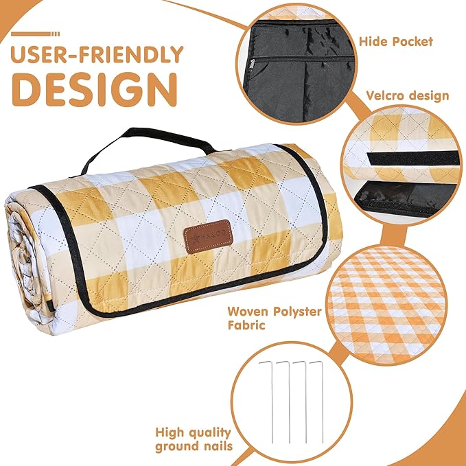 HX&OD Outdoor Picnic Blanket, Extra Large, 80''x60'' Waterproof Foldable Blankets Gingham Picnic Mat for Beach, Camping Grass Lawn Park Accessories Cute Couple Ideas Wedding (Yellow, 80”x60”)