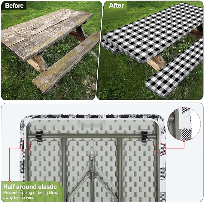 Play Tailor Picnic Table Cover with Bench Covers Camping Essentials Waterproof Windproof Camping Tablecloth with Drawstring Bag, Fitted Rectangle Tables and Seats, 72in, White Black Checkered